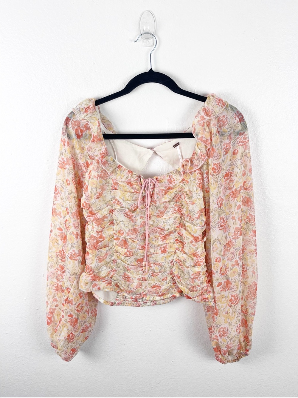 FREE PEOPLE Mabel Floral Ruching Sheer Balloon Sleeves Smocked Back Top  Small